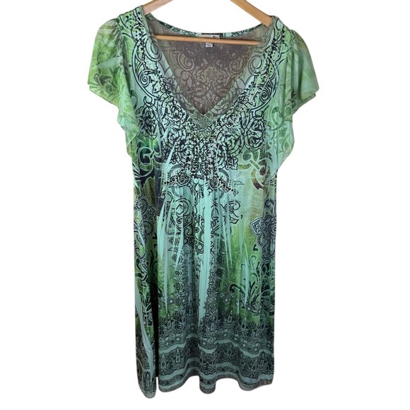 One World Women 90s Y2K Crinkle Fairy Goblincore Sequin Flutter Sleeve Dress LG - Picture 1 of 7